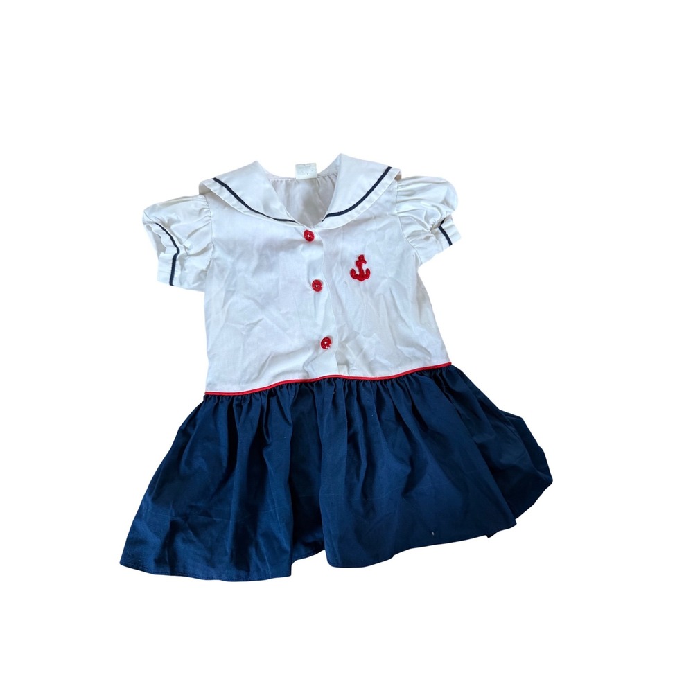 Vintage Bryan Sailor toddler dress nautical cute blue & white anchor embroidered
